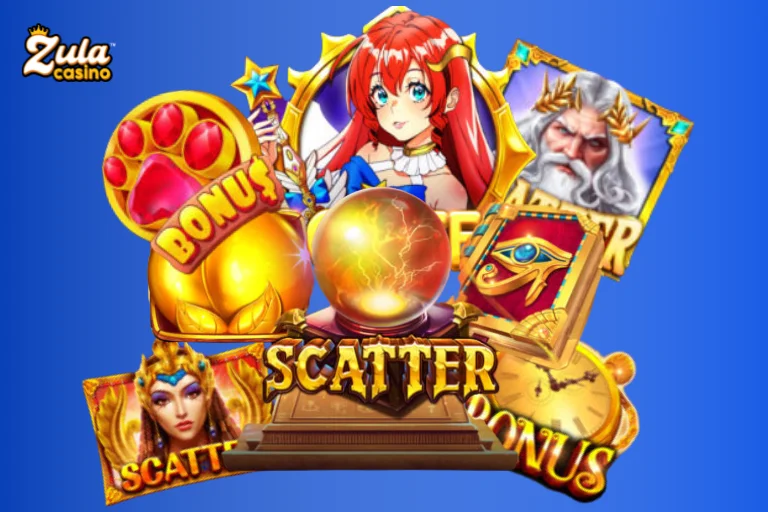 What are scatter symbols, how do they affect bonuses and winlines, and how are they affected by RTP and volatility.